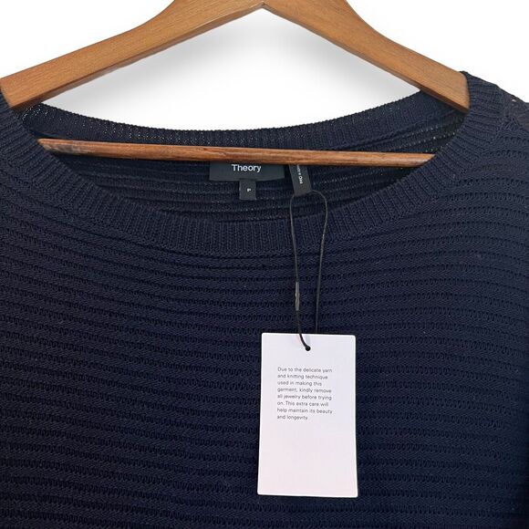 Theory Sweater Womens P XS Navy Blue Ribbed Oversized Cotton Open Knit Crewneck - Picture 4 of 10
